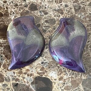 Vintage Purple and Green Enamel Gold Tone Metal Leaf Post Earrings